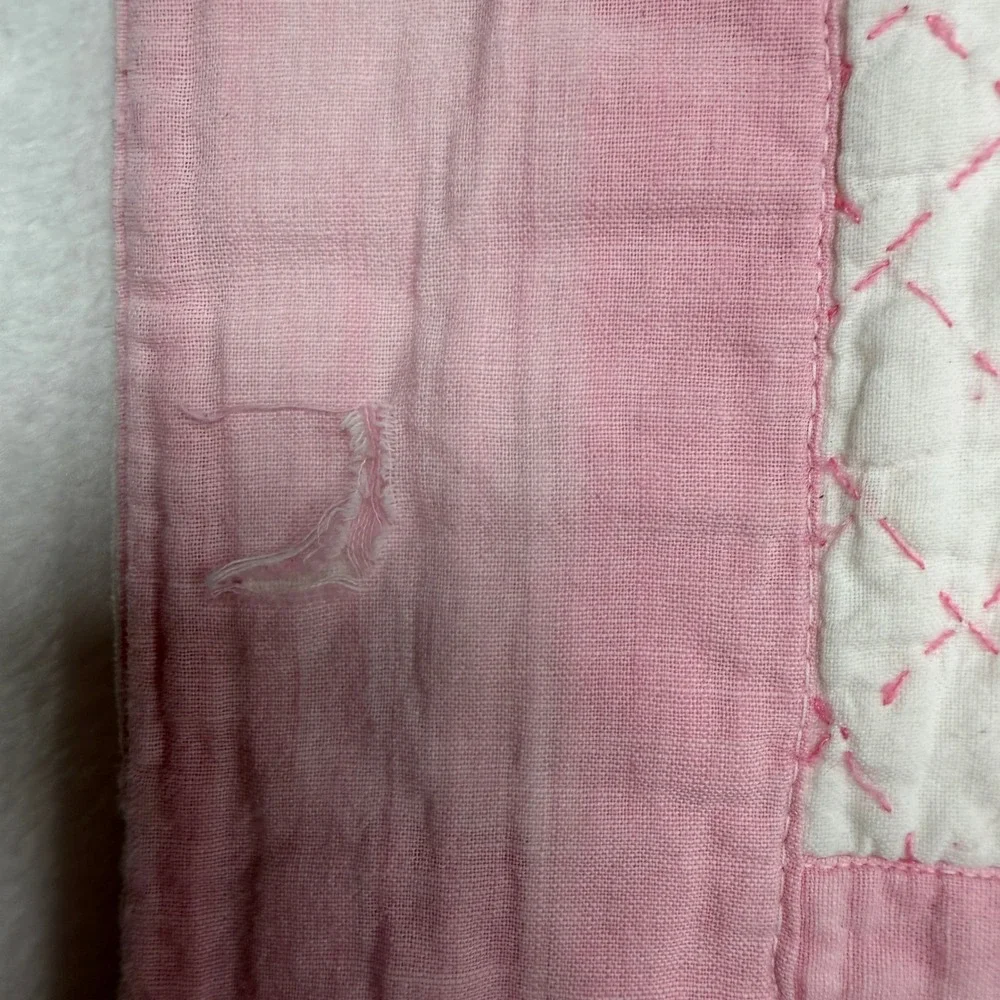 Vintage 37x55 Baby Quilt Hand Embroidered Floral Pansy Pink White Blue Handmade